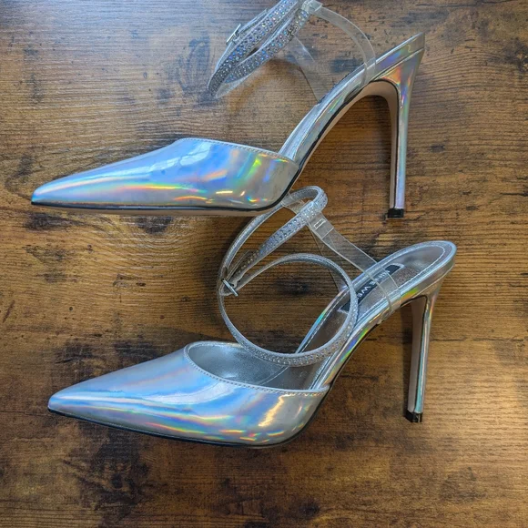 Metallic heels with rhinestone wrap around straps. - Picture 3 of 5